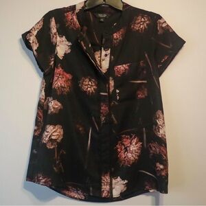 Black and Pink Floral Blouse with Pocket
